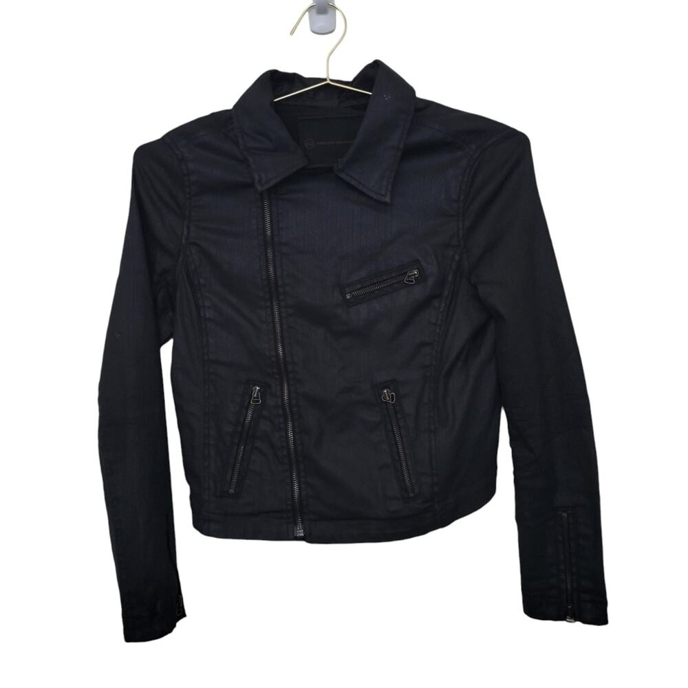 Adriano Goldschmeid Faux Leather Moto Jacket Size Small S Black Wax Coat Cropped